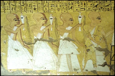 Oude Egypte, muurschildering, Tombe van Inherkhau, Thebe, Tombe van de Edelen, 20e dynastie, priesters gieten plengoffers voor Inherkhau