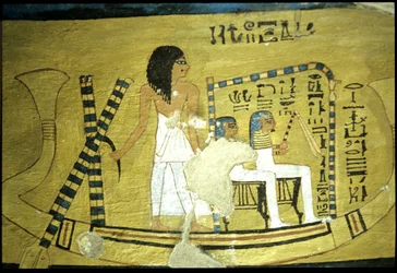 Oud Egypte, muurschildering graf van Inherkhau, Thebe, graf van de edelen, 20e dynastie, Inherkhau stuurt een boot met twee goden in een schrijn