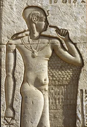 Oud Egypte, Muurschildering/gravure, Ihy, zoon van Amun en Mut, Tempel van Hathor, Dendera