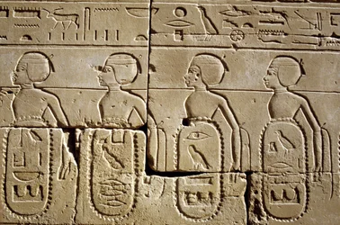 Oud Egypte, Muur schildering/gravure, Karnak/Luxor Pylon Zes, Deel van de lijsten van stammen van het zuiden en van Syrië die werden onderworpen door het leger van Thutmoses III, Karnak Tempel, Luxor