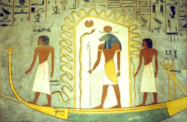 Oude Egypte, Muur schildering/gravure, Graf van Ramses I, Thebe, Bark van Amon Ra gesleept door de onderwereld (foto)