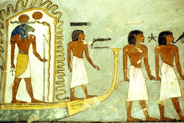 Oude Egypte, muurschildering, Reis door de onderwereld, boot getrokken door mannen, Graf van Ramses I, Thebe