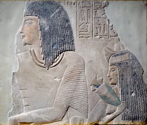 Kunst Egypte: Ieneminet en zijn vrouw Takha. Fresco uit de periode van het Nieuwe Rijk van de 18e dynastie (14e eeuw v.Chr.). Parijs, Musee Du Louvre