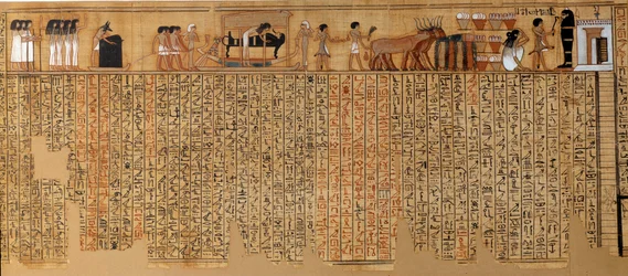 Egyptische oudheid: Dodenboek, Papyrus van Nebqed. Rond 1400-1350 v.Chr. 18e dynastie. Uit Thebe. Zon 6,3 m Parijs, Musee du Louvre