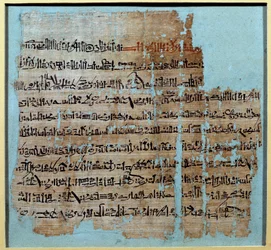 Egyptische oudheid: Papyrus van het verhaal van de Slag bij Qadesh onder het bewind van Ramses II (1246-1213 v.Chr.). In 1274 v.Chr., het Hettitische Rijk, waarvan het centrum in Anatolië lag, en Ramessidisch Egypte. Zon 0,2x0,23 m Parijs, Louvre museum