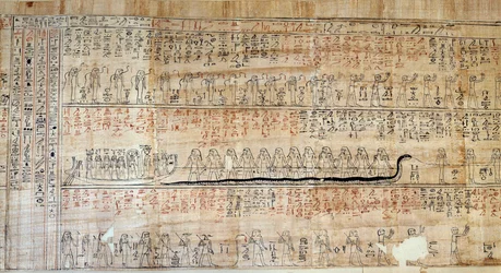 Egyptische oudheid: Papyrus uit het Boek van Geheime Huizen. Dit boek is een becommentarieerde weergave van de ondergrondse reis van de zon tijdens de twaalf uren van de nacht. Eerst getekend op de muren van de koninklijke graven, werd het daarna overgesch