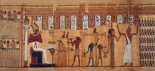 Egyptische oudheden: het wegen van zielen, papyrus van het Dodenboek van Chahapiimou, Opperste astronoom van Amon. Ptolemeïsche periode (332-30 v.Chr.) Circa 500-100 v.Chr. Parijs, Louvre Museum