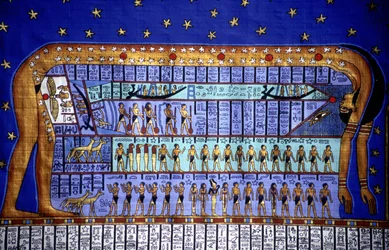 Egyptische kosmos, Godin Nut die zich buigt om de hemel te vormen (papyrus)