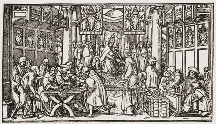 Een verkoop van aflaten tijdens de Tudorperiode in Engeland (gravure)