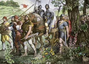 Kentse mannen ten strijde om Engeland te verdedigen tijdens de Normandische invasie in 1066 (kleurengravure)