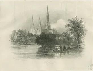 Lichfield Cathedral - Zuidwestaanzicht: gravure (vignet), nd [ca. 1842]