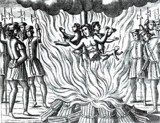 Het verslag van de drie martelaren van Guernsey die op de brandstapel zijn verbrand, uit een editie van 