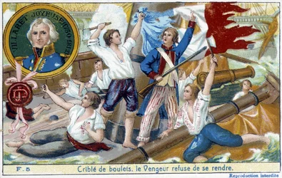Admiraal Villaret (1750-1812), afgebeeld in het medaillon, leverde de zeeslag van Ouessant aan de Engelse Howe in 1794