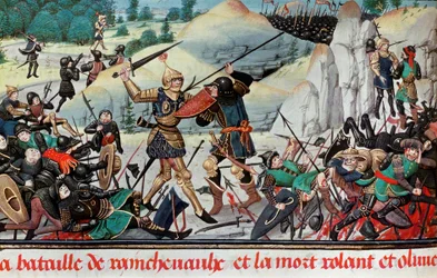 Dood van de ridder Roeland, neef van Karel de Grote, in de Slag bij Roncevaux (778) tussen het leger van Karel de Grote en de Saracenen. Miniatuur. Parijs, B.N.