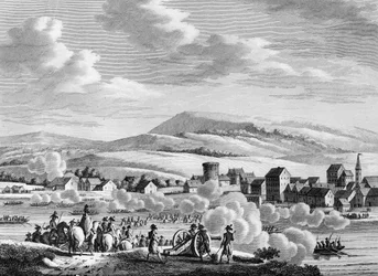 Franse Revolutie Oorlog en anti-revolutionaire bewegingen: Franse troepen steken de Rijn over naar Düsseldorf, Duitsland, op 20 Fructidor An III (6 september)