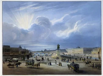 Algemeen uitzicht op het Louvre met het standbeeld van Hendrik IV