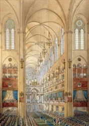 Interieur van de kathedraal Notre-Dame van Parijs tijdens de kroning van Napoleon I (1769-1821) op 2/12/1804. Aquarel omstreeks 1804. Île-d