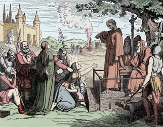 Tot levend verbranden veroordeelde Joden in de Middeleeuwen (kleurenlitho)