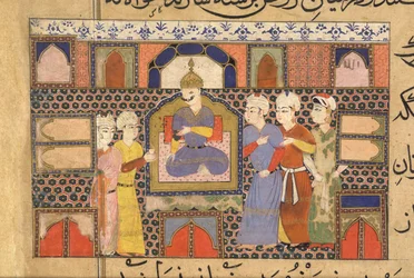 Ghiyath al-Din op de troon met bedienden, uit The Ni