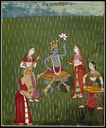 Godin Krishna die in de regen danst met muzikanten (miniatuur)