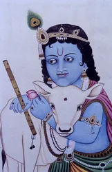 Heer Bal Krishna met koe in miniatuurschilderij op papier