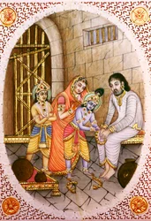 Miniatuur Ivoor Schilderij van Krishna Balram en Devaki Vasudeva