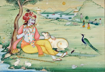 Miniatuurschilderij van Krishna die fluit speelt