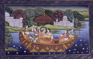 Mughal miniatuurschilderij op papier, koning liefdesscène en genietend van muziek in boot