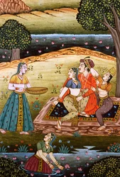Schilderij van Mughal keizer met zijn vrouwen in liefdesscène, India