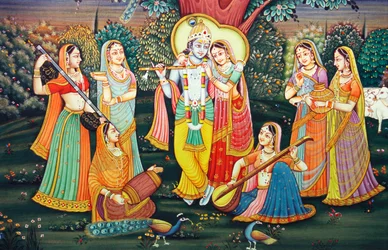 Radha Krishna met Sakhis genieten van muziek