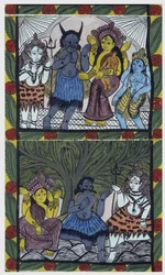 Shiva geeft leven aan Ganesha (Ganesh of Ganapati), in de armen van haar moeder Parvati, nadat hij haar hoofd in een woedeaanval had afgehakt. Pat: geschilderde rol uit de regio Bengalen, die dient als verhalend medium voor muzikanten Baoul (of baul). Leon