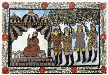 Het verhaal van de aanslagen van 11 september 2001 verteld door de venters Baul uit Bengalen. Schilderij, serie, nummer 1/9, Bengalen.