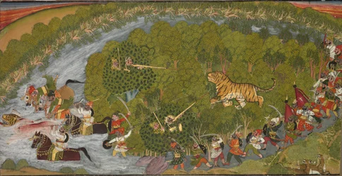 Tijgerjacht, ca 1800 (inkt en kleur op papier)