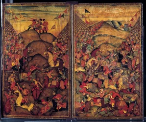 Slagveld. 17e-eeuws schilderij van Indo-Iraanse oorsprong. Museum voor Decoratieve Kunsten, Parijs