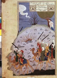 Majnun kijkt naar de strijd tussen Nawfal en de stam van Laila door een Iraanse meester