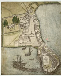 Het kasteel en de stad Carrickfergus, Ierland, ca. 1560
