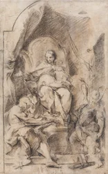 Aanbidding van de Madonna en het Kind met St.
Hiëronymus en een Engelbewaarder (Houtskool en krijt op papier)