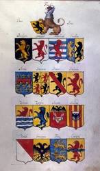 Wapen van Nederland (Holland, Vlaanderen, Henegouwen) met draken, Staatsarchief van Milaan