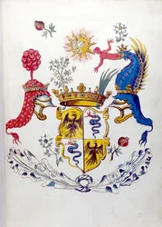 Wapen van de familie Visconti van Milaan, met afbeelding van een draak die een kind verslaat. Staatsarchief van Milaan