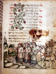 Bijbelse scène: Joden steken de Rode Zee over. Pagina van een Machazor, gebedenboek in het Hebreeuws. manuscript sd.
