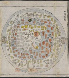 Een Koreaanse wereldkaart, gedrukt en met de hand ingekleurd, uit een atlas van Korea met voorlopige kaarten van de wereld, China, Japan en Ryuku-eilanden