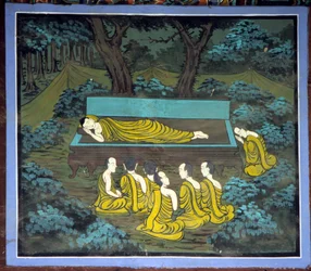 Boeddha en zijn leerlingen. Fresco in Yongju Tempel, Suwon regio, Korea.