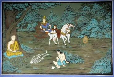 Boeddha in meditatie en skelet. Fresco in Yongju Tempel, Suwon regio, Korea