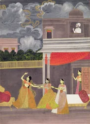 Een dame binnengebracht uit een storm in de nacht: illustratie uit de muzikale modus Madhu Madhavi, c.1760