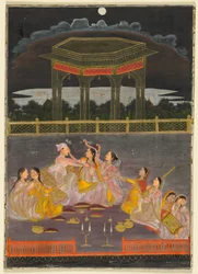 Een prins viert Holi met paleisvrouwen op een terras bij nacht, ca. 1760 (dekkende aquarel en goud op papier)