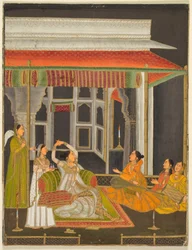 Een prinses op een terras met bedienden bij nacht (recto); kalligrafie (verso), ca. 1760 (dekkende aquarel met goud op papier)