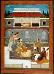 Een Indiase prinses heeft haar miniatuurtoilet van de Mughal School van 1740