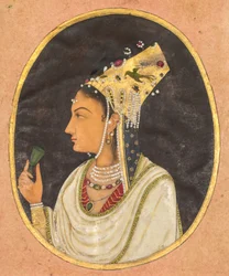Ovaal portret van een vrouw in een Chaghtai hoed, ca. 1740-50