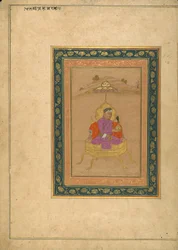 De 3e Mughal-keizer Akbar zittend op de koninklijke troon terwijl hij zijn kroon vasthoudt