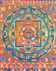 Chakrasambhara Mandala, afbeelding van de hoofdgod Sambhara die zijn gemalin Vajrabarahi omhelst, symboliseert de vereniging van wijsheid en praktijk om het hoogste geluk te bereiken